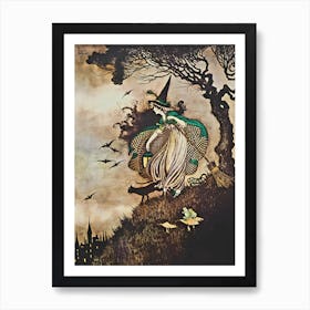 The Little Witch by Ida Rentoul Outhwaite - Remastered Illustration in Original Sepia and Colour - Green Witch With A Broomstick, Frog and Black Cat - Fairytale Vintage Victorian Witchcore Famous Witchy Cottagecore Fairycore Art Print