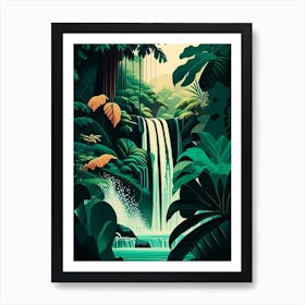 Waterfalls In A Jungle Waterscape Retro Illustration 1 Art Print