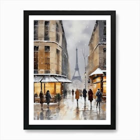 Paris cafes, winter season, Christmas, autumn oil colors, pale colors, pedestrians in the street, winter clothes, falling snow.12 Art Print