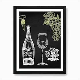 Wine Bottle And Glass On Chalkboard — wine poster, kitchen poster, wine print Art Print