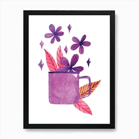 Watercolor Coffee Cup With Purple Flowers Art Print