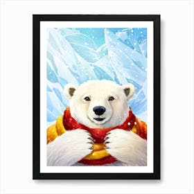 Polar Bear Cub Fluffy White Fur Snowy Backdrop Cozy Knit Cap Cheerful Colors Handcrafted Scarf Art Print