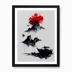 Chinese Ink Painting Landscape Sunset (2) Art Print