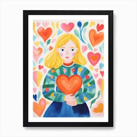 Person With Blonde Hair Holding A Heart 2 Art Print