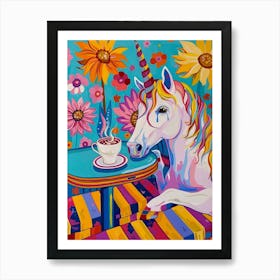Floral Fauvism Style Unicorn Drinking Coffee 1 Art Print