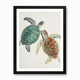 Minimalist Turquouse & Orange Sea Turtle Art Print