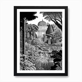 Giardini Botanici Villa Taranto, Italy Linocut Black And White Vintage Art Print