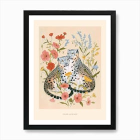 Folksy Floral Animal Drawing Snow Leopard Poster Art Print