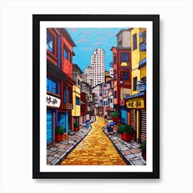 Painting Of Seoul South Korea With A Cat In The Style Of Pop Art 3 Art Print