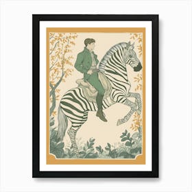 A Man Riding On The Back of a Zebra Art Print