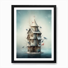 Bird House Winter Snow Illustration 1 Art Print