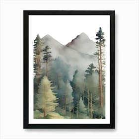 Watercolor Forest, Watercolor Mountain Art Print