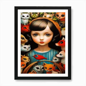 Big Eye Girl Surrounded By Cats Art Print