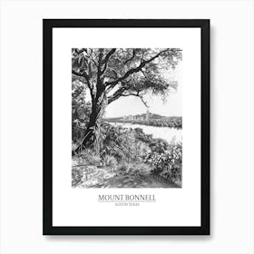 Mount Bonnell Austin Texas Black And White Drawing 2 Poster Art Print