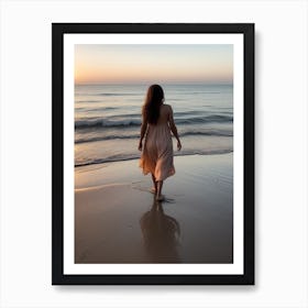 Woman Walking On The Beach At Sunset Art Print