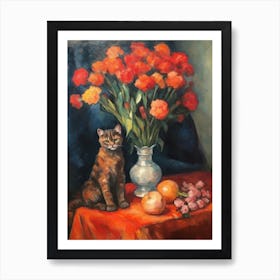 Flower Vase Carnation With A Cat 3 Impressionism, Cezanne Style Art Print