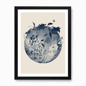 Boho Moon And Line Flowers in Navy Blue and Beige Art Print