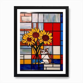 Aster With A Cat 3 Stained Glass De Stijl Style Mondrian Art Print