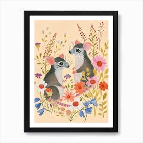 Folksy Floral Animal Drawing Oppossum 2 Art Print