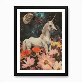 Floral Unicorn In Space Retro Collage 1 Art Print