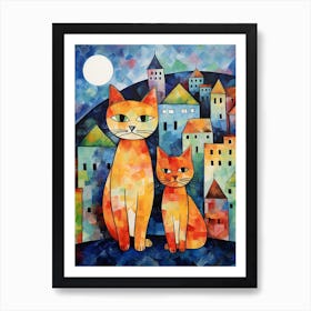 Cats With A Medieval Village Behind In The Moonlight 1 Art Print