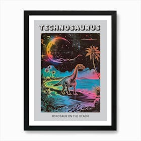 Neon Linework & Black Dinosaur On The Beach Poster Art Print