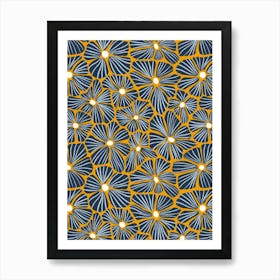 Flower Mosaic Navy Gold Textured Hand Drawn Art Print