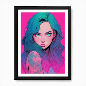 A mesmerizing neon manga portrait: An anime girl with big eyes radiating irresistible charm, both cute and sensually beautiful. Art Print