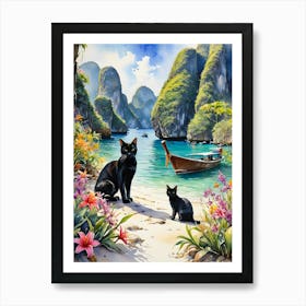 Black Cats in Thailand - Watercolour Mama Cat and Kitten at the Beach Phi Phil Islands Krabi Backpacking Travel Art Perfect Print for Gallery Feature Wall - Wicca Pagan Tropical Exotic Paradise Art Print