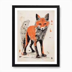 Gray Fox, Woodblock Animal Drawing 3 Art Print