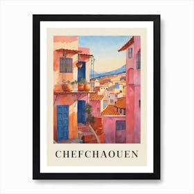 Chefchaouen Morocco 2 Vintage Pink Travel Illustration Poster Art Print