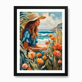 Bohemian Woman by the Ocean Orange Flowers Art Print