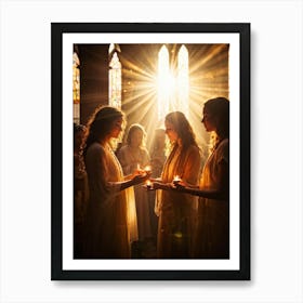 Candlelight Vigil During Spiritual Celebration Rays Of Soft Golden Light Breaking Through Stained G (5) Art Print