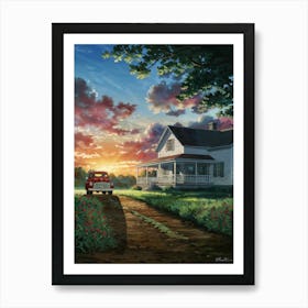 Anime Canvas Art: Tranquil Countryside Sunset with White Farmhouse, Red Truck, and Vibrant Sky, Perfect for Lofi Aesthetic and Rustic Nature Lovers. Art Print