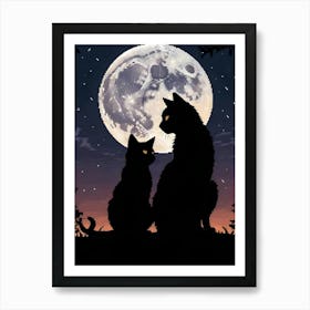 Silhouette Of Two Cats Under A Full Moon 1 Art Print