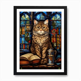 Stained Glass Cat In A Library Art Print