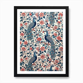 Peacock Floral Pattern Blue & Pink Art Print