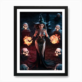 Sexy Gorgeous Witch with Fireballs Painting #3 Art Print