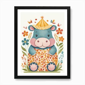 Floral Baby Hippo Nursery Illustration (50) Art Print