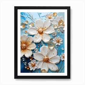 White Flowers On Blue Water Art Print