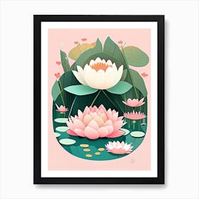 Blooming Lotus Flower In Pond Scandi Cartoon 2 Art Print