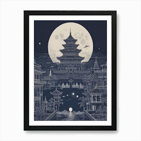 Moon Over Chinese Pagoda Art Print