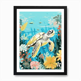 Modern Illustration Of Sea Turtle & Flowers 3 Art Print