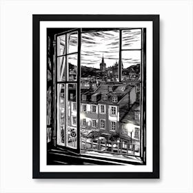 Window View Of Edinburgh Scotland   Black And White Colouring Pages Line Art 1 Art Print