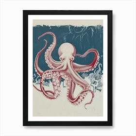 Retro Linocut Inspired Red & Navy Octopus 1 Art Print