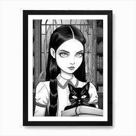 Nevermore Academy With Wednesday Addams And A Cat Line Art 1 Fan Art Art Print
