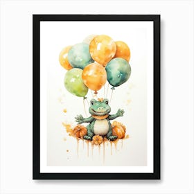 Alligator Flying With Autumn Fall Pumpkins And Balloons Watercolour Nursery 4 Art Print