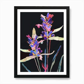 Neon Flowers On Black Lavender 4 Art Print