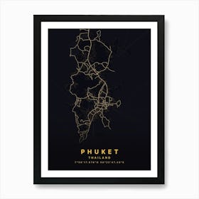 Phuket Thailand Black And Gold Map Art Print