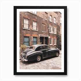 London, England I Antique car on a Shoreditch street with retro vintage aesthetic brick facades with a street photography of British minimalist geometric architecture with a moody ambience Póster